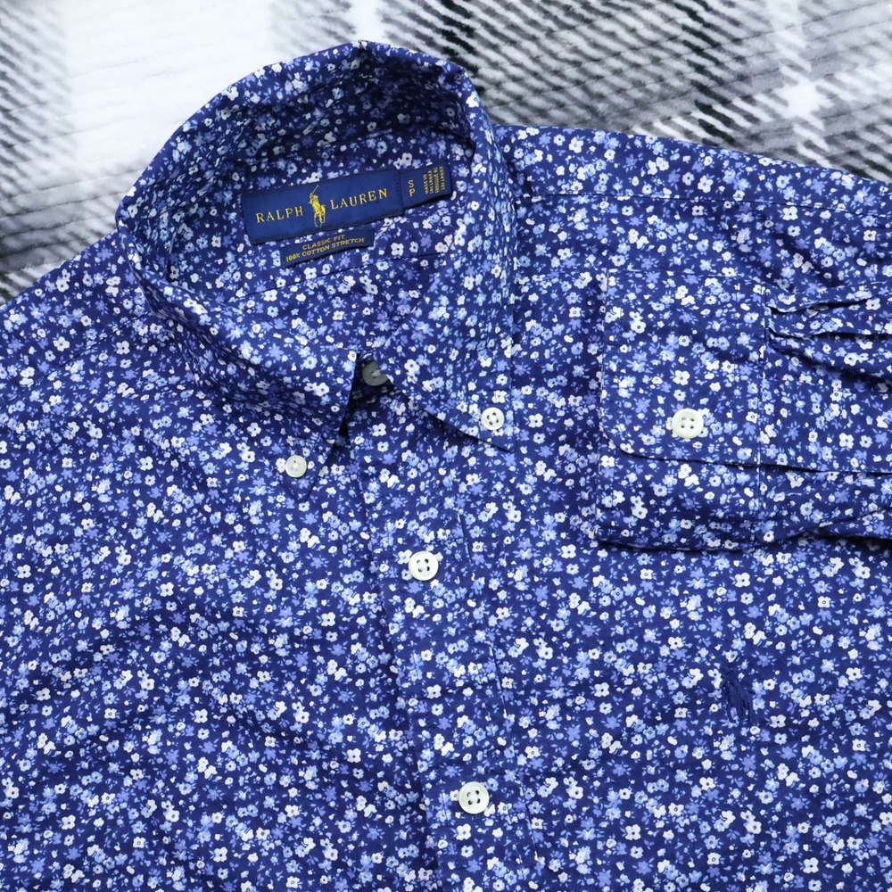 Ralph Lauren Blue Floral Ditsy Cotton Stretch Shirt Small Classic Fit LongSleeve